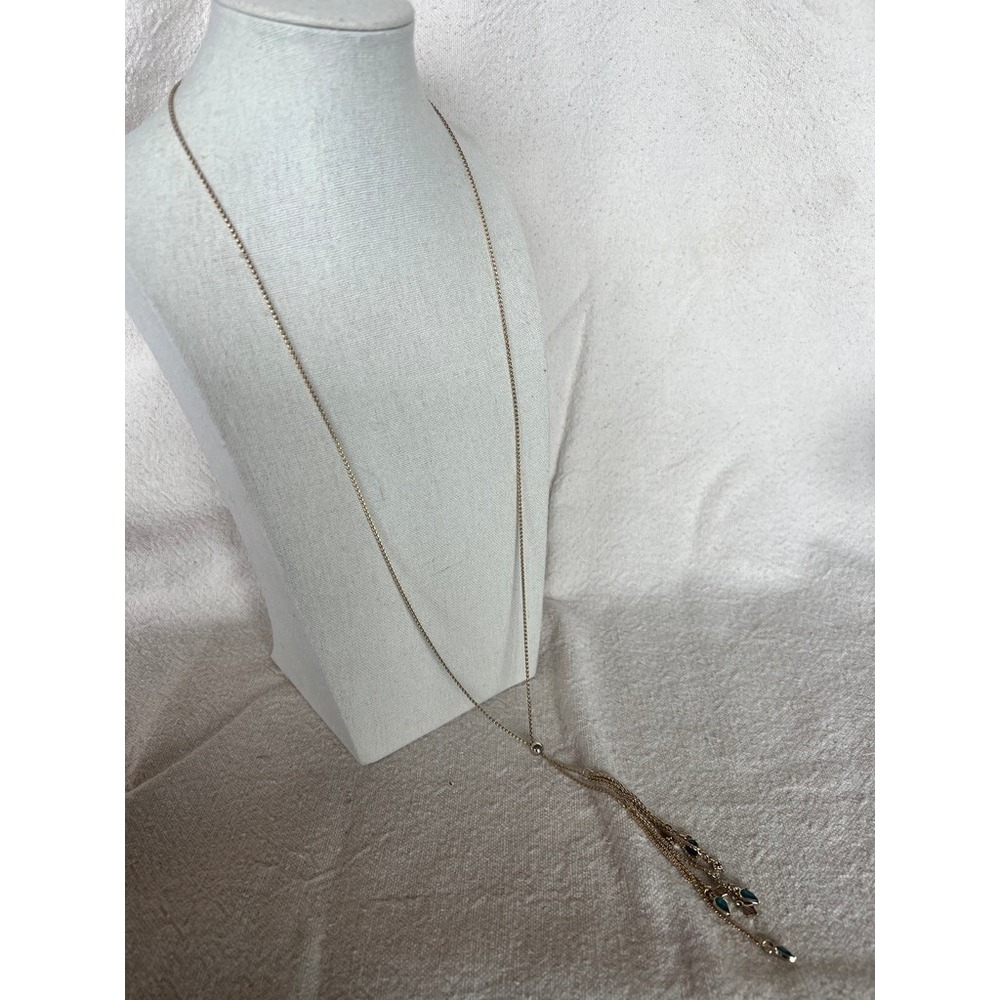 Lariat Tassel Necklace Gold Teal Green Teardrop Long Boho Chain Layering Chic
